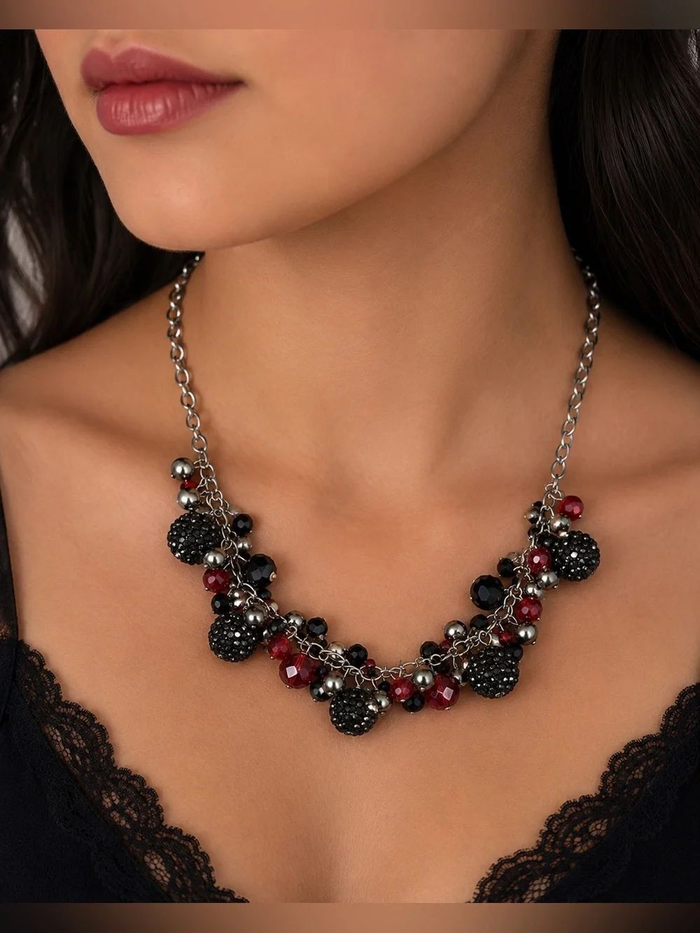 Black Red Beaded Statement Necklace Gunmetal Cluster Bib Gothic Romantic